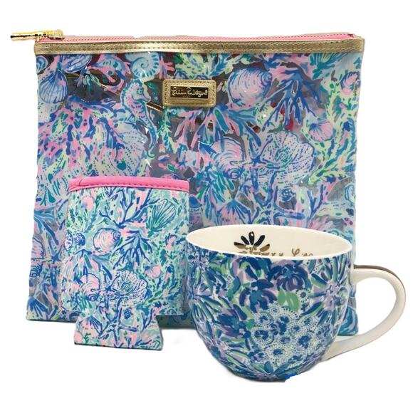 Lilly Pulitzer Other - Lilly Pulitzer Blue Floral Hidden Lion Mug Beach Day Koozie Clear Pouch Set